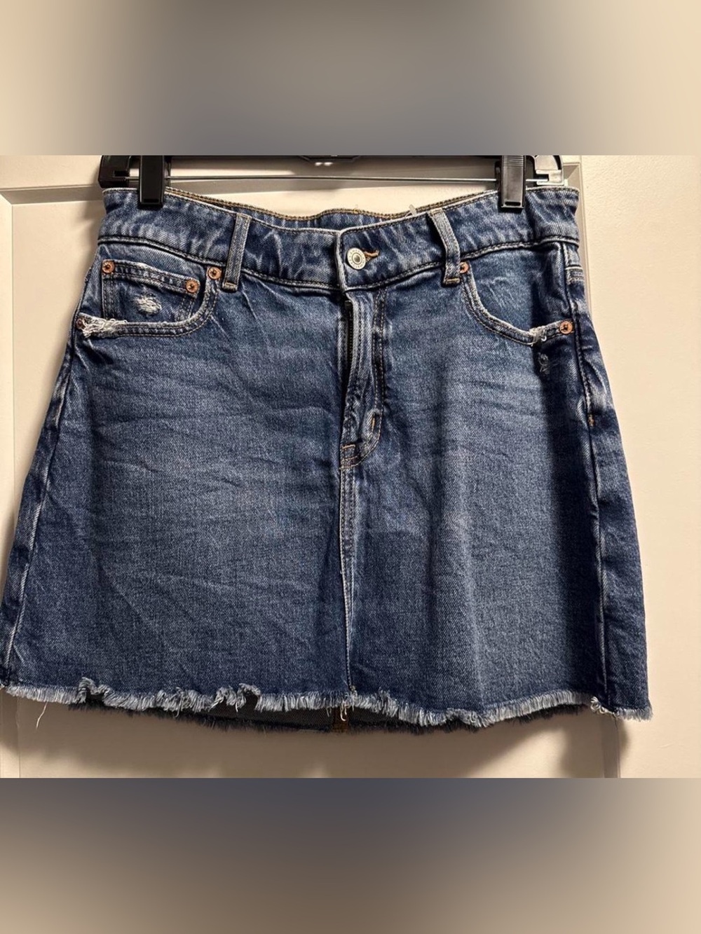 American Eagle Blue Denim Mini Skirt - Casual Frayed Hem